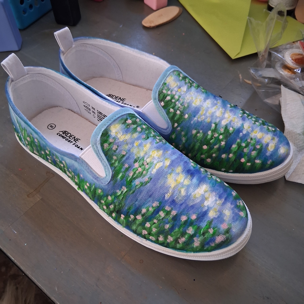 Example Of Work Upcycled Hand-painted Artistic Blue and Green Sneakers - Picture 2 of 4